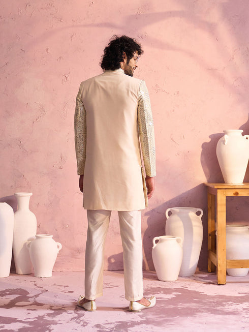 Men's Cream Georgette Embellished Indo Set